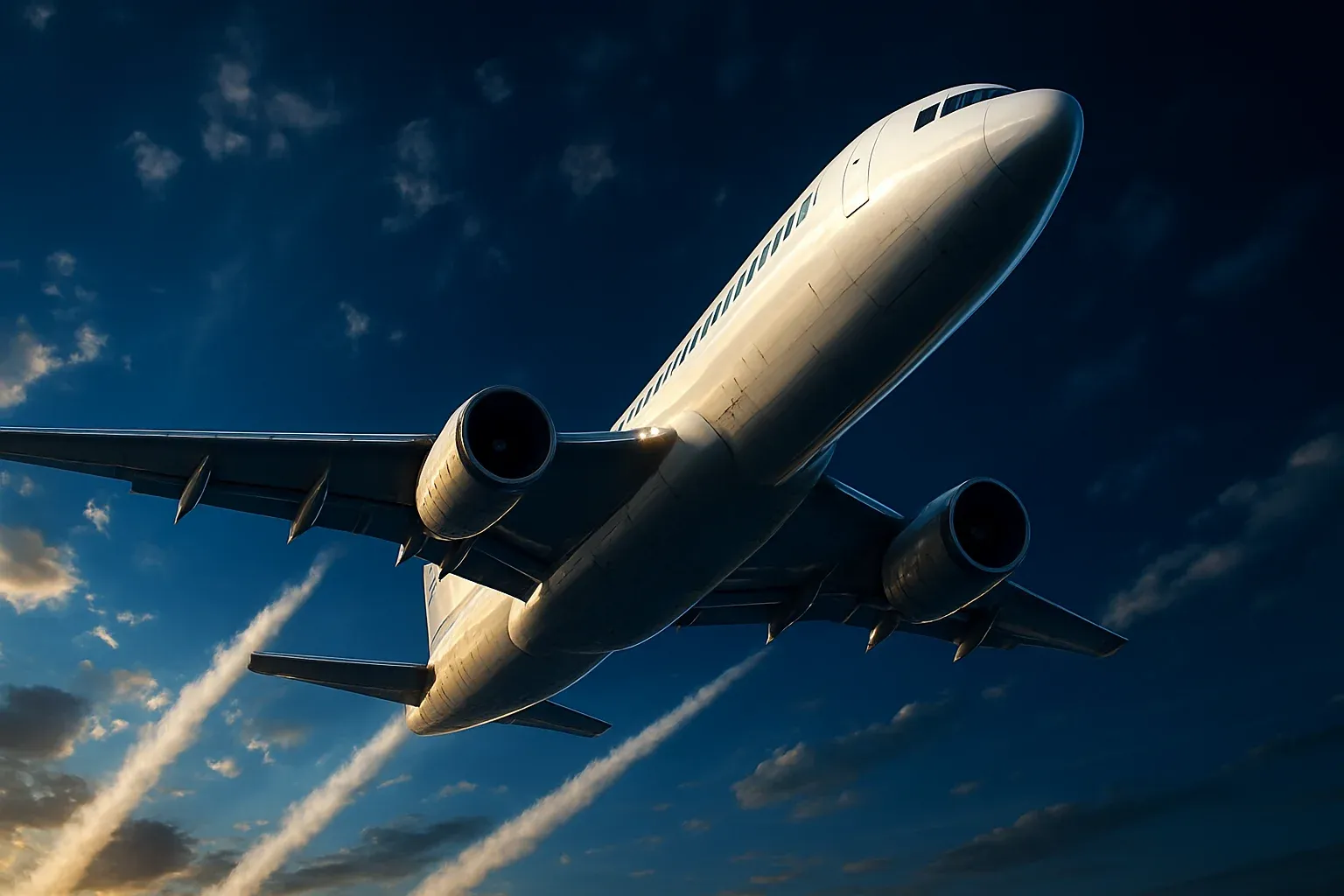 Hyperrealistic white jet aircraft climbing steeply in dramatic blue sky