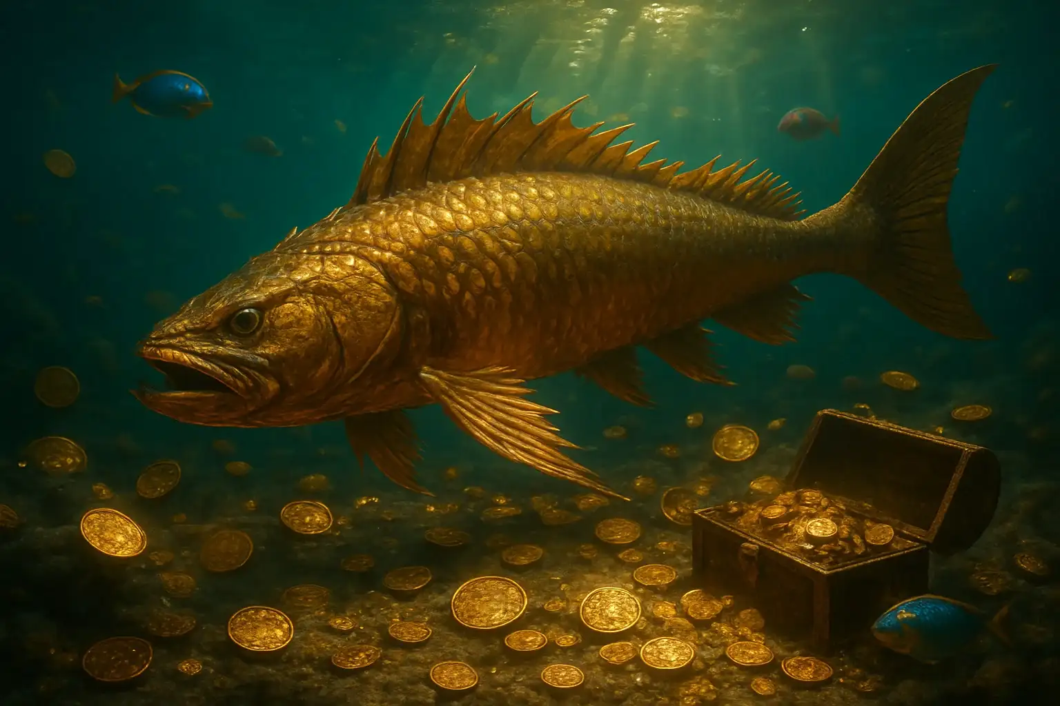 Hyperrealistic golden dragon fish underwater with treasure and glowing coins