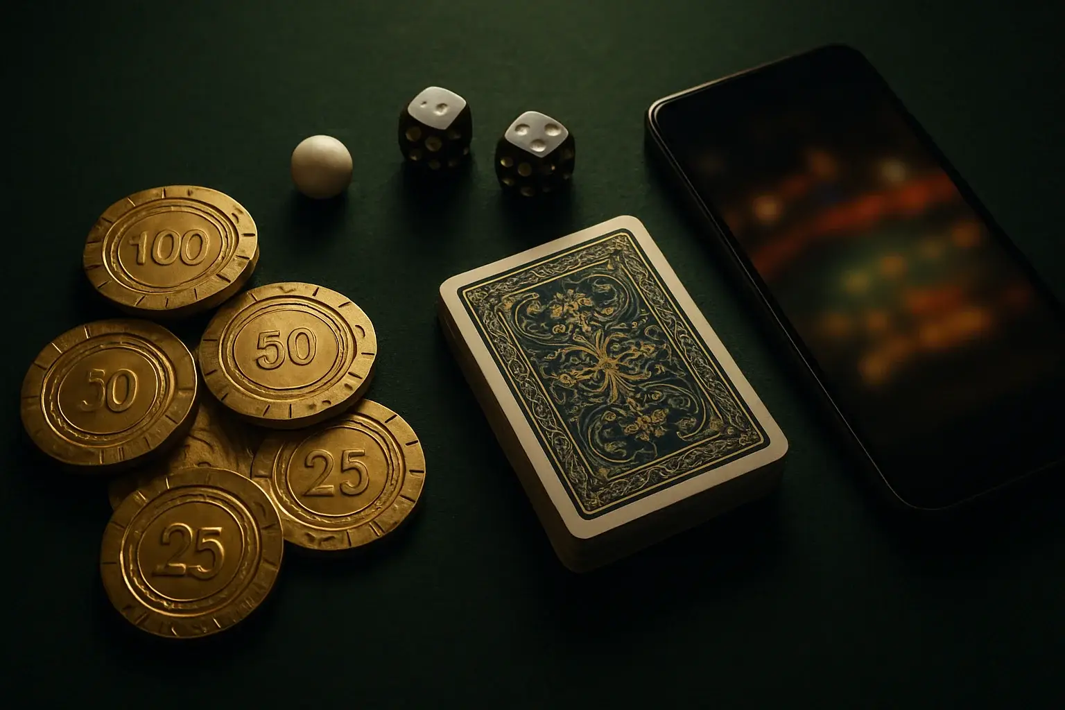 Top-down premium casino table with gold chips, cards, dice, roulette ball, smartphone