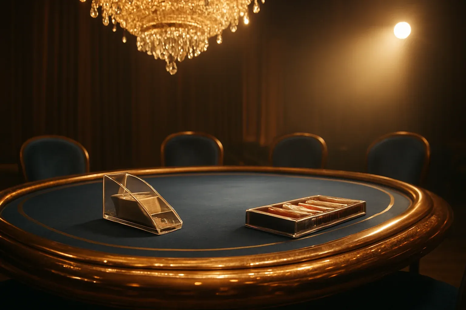 Premium live baccarat studio with blue felt table and chandelier