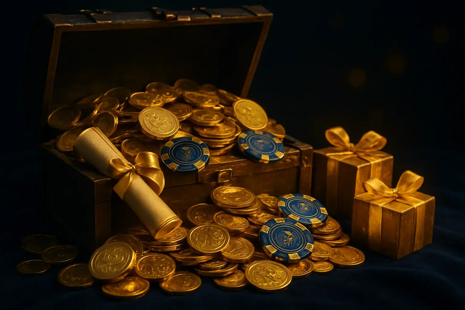 Overflowing treasure chest with gold coins, casino chips, vouchers, and gifts