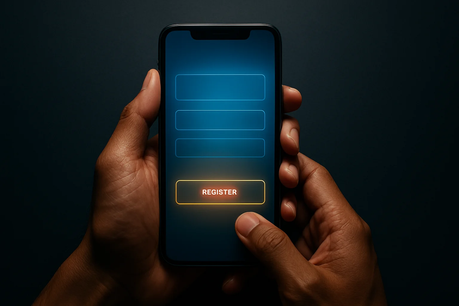 Filipino man's hands holding smartphone with glowing registration interface