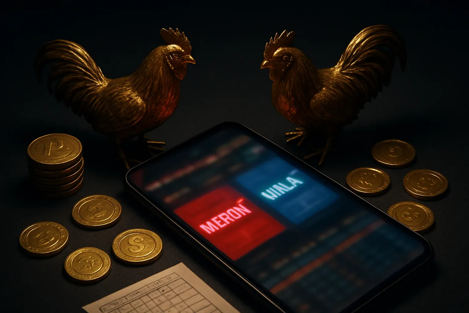 Smartphone with sabong betting interface, golden roosters, coins, and chips