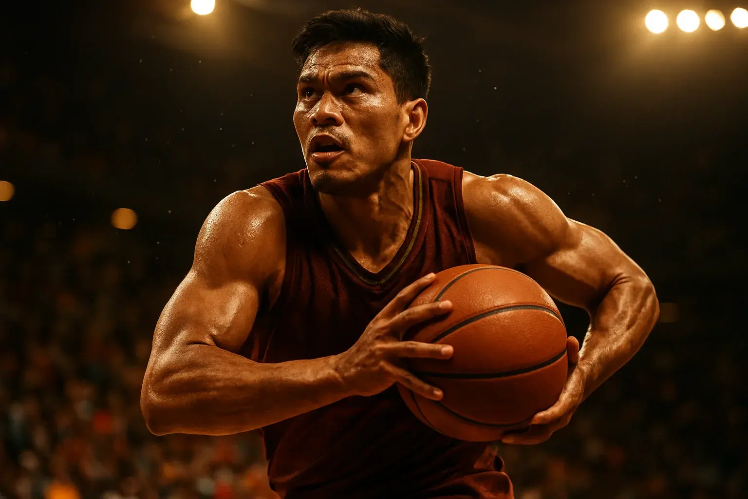 Filipino PBA basketball player mid-air driving powerfully toward the basket